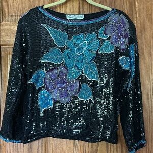 Vintage Blue and Purple all over Sequin Embellished 3/4 Sleeve Blouse